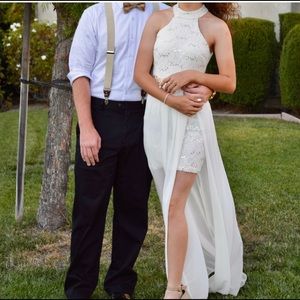 White Short body-con dress with choker neck and overskirt panel